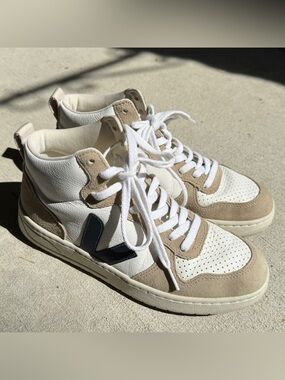 Veja High-Top Leather Sneakers in White and Beige with Navy Accent